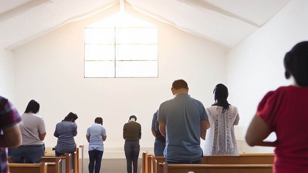 Pessoas em comunhão, fazendo uma oração em conjunto dentro de uma igreja simples com uma luz entrando pela janela representando a força da oração na palavra de Deus