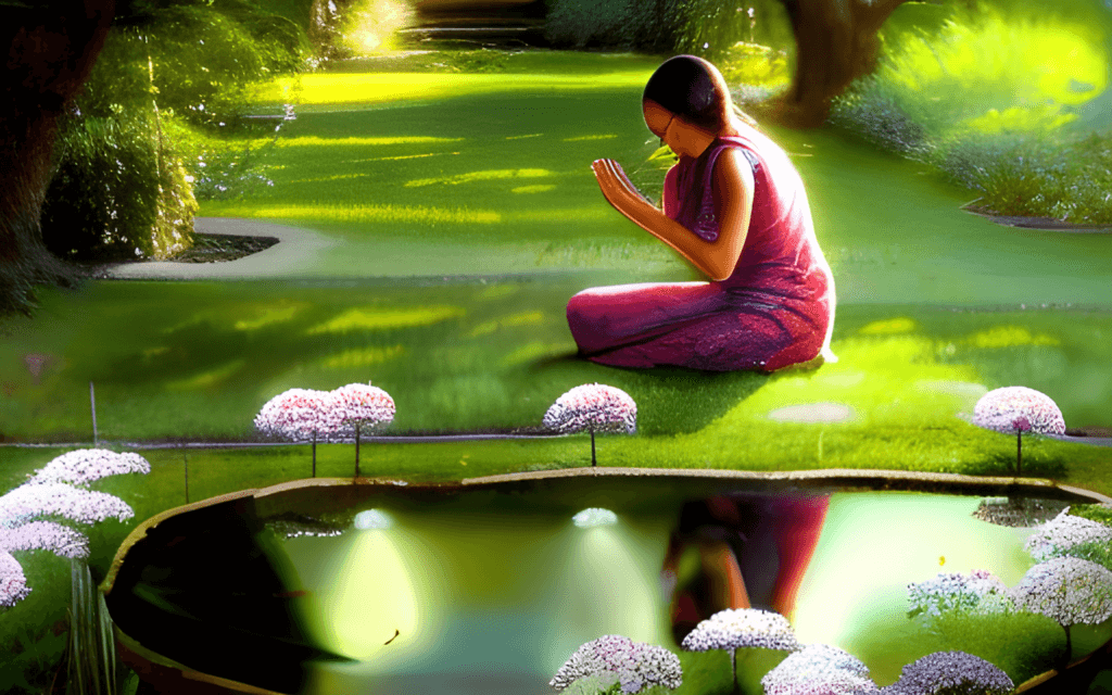 a serene garden with a person kneeling in prayer by a small pond the sun shining through the trees 48582163