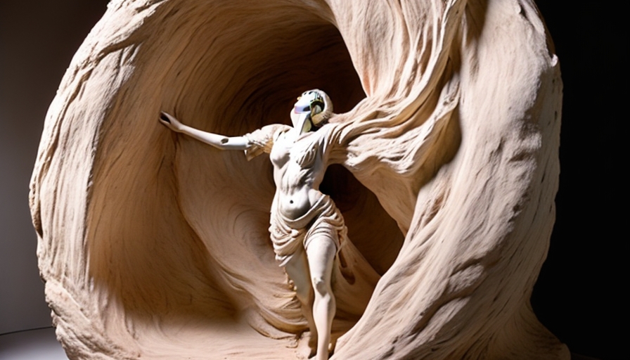 Escultura retratando uma figura emergindo de uma estrutura em forma de casulo simbolizando o processo de transformacao