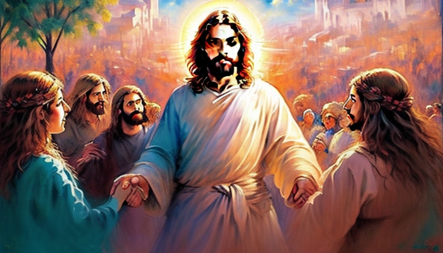 Uma pintura inspiradora retratando Jesus Cristo cercado por pessoas de todas as esferas da vida abracando e compartilhando momentos de amor e bondade