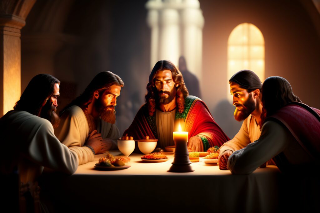 Jesus e seus discípulos em comunidade e ceia