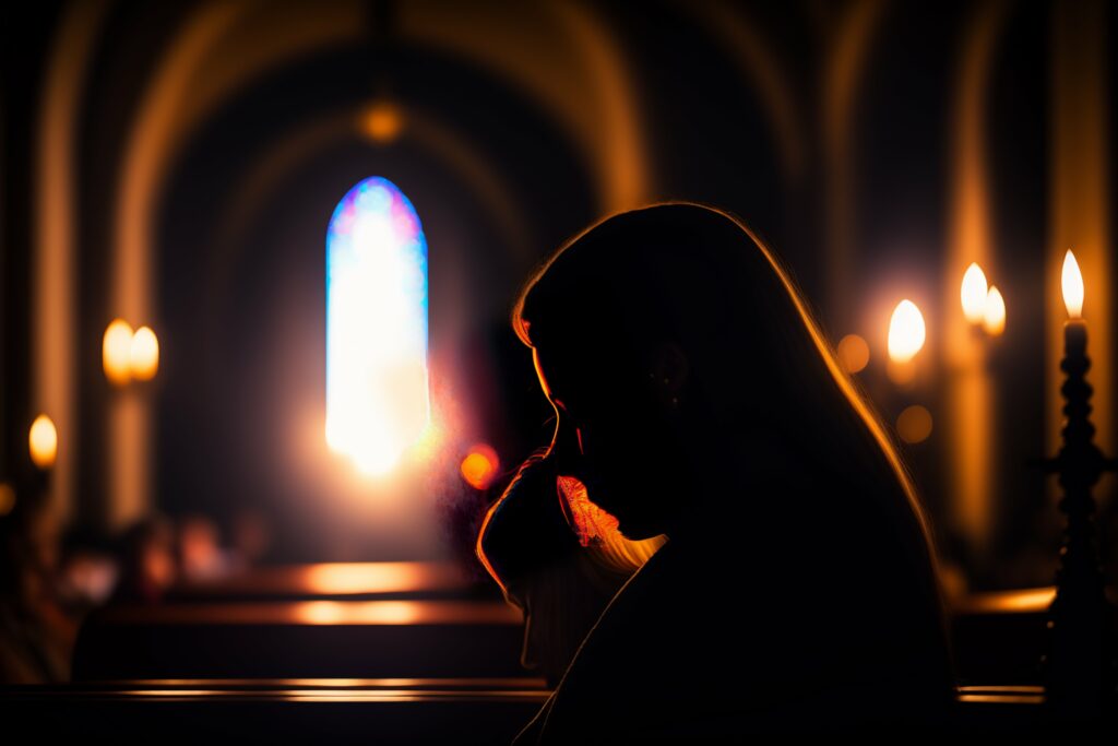 Mulher orando em uma igreja em cenário com pouca luz e muita fé