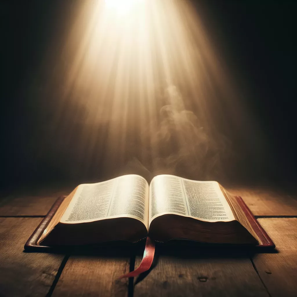 apresenta uma Bíblia aberta sobre uma mesa, com uma luz suave ao fundo, criando um ambiente calmo e reflexivo.