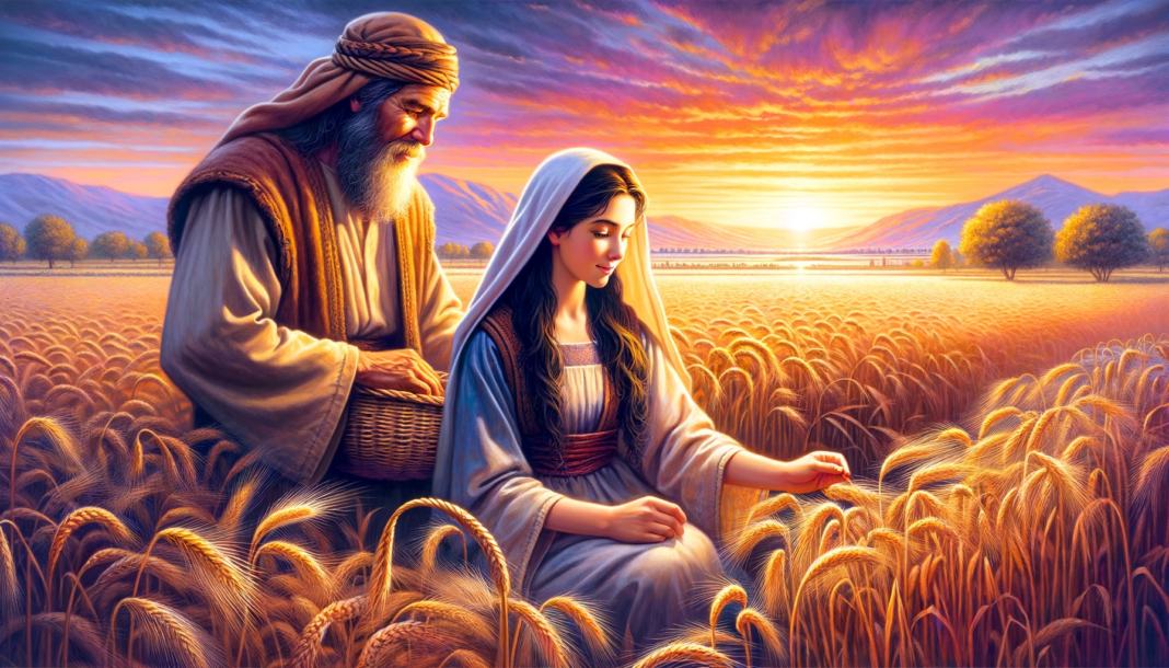 Ilustração de Rute, uma jovem mulher colhendo cevada, e Boaz, observando-a ao longe, num campo ao pôr do sol, representando a narrativa bíblica de amor e lealdade.