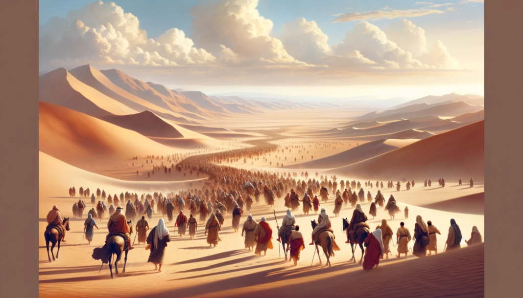Multidão caminhando no deserto sob um céu claro.