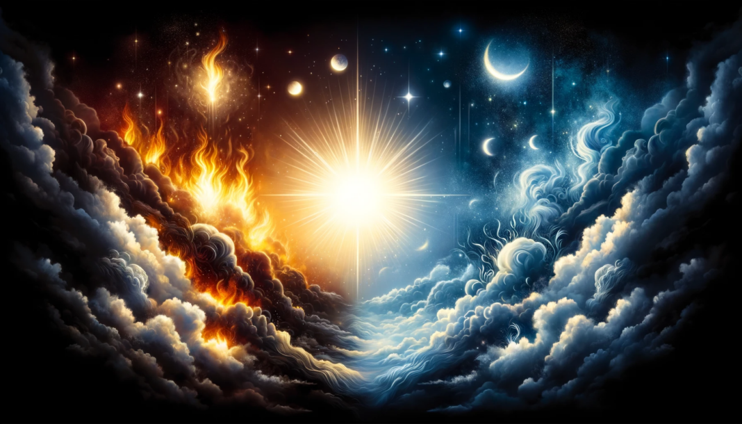 Uma representação artística do conceito de 'Céu e Inferno segundo a Bíblia', focando no contraste entre luz e escuridão.