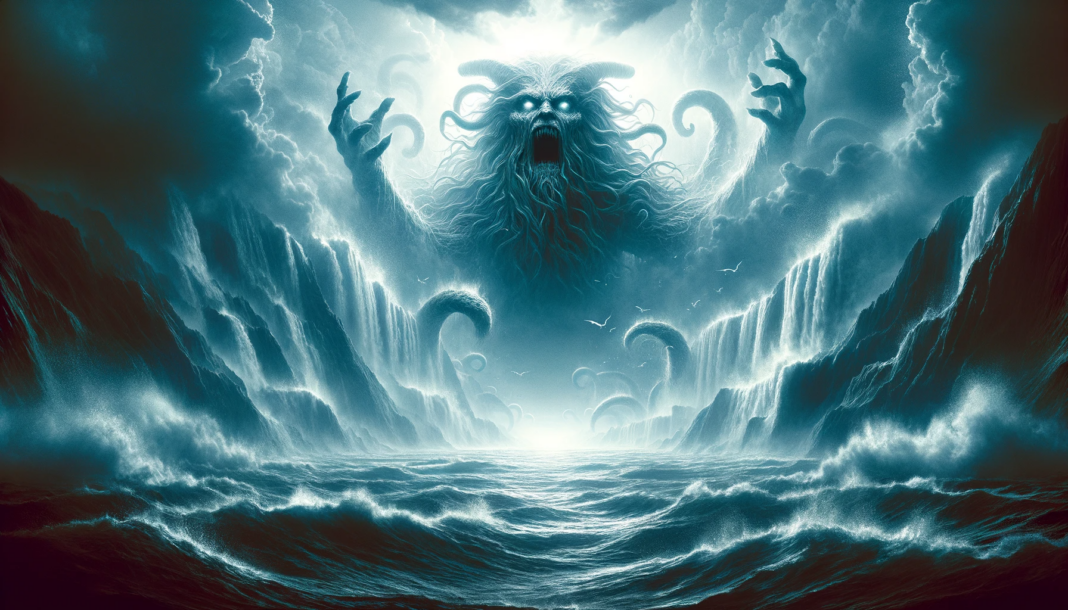 Imagem artística do Leviatã, um monstro marinho bíblico, emergindo das águas, simbolizando força e mistério.