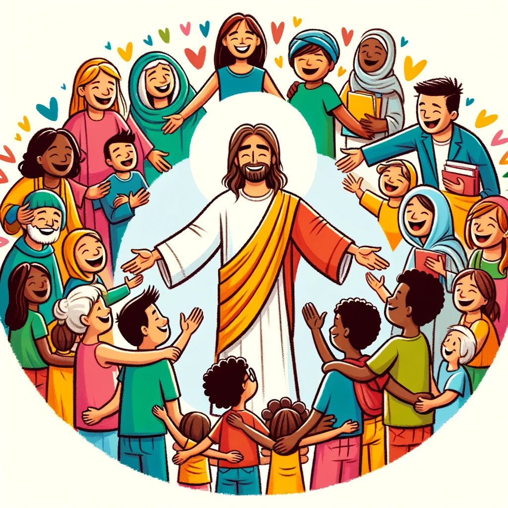 A diversidade do amor cristão com várias pessoas de diferentes origens praticando atos de bondade e amor. Ela reflete a mensagem de amor universal do Novo Testamento, em um estilo colorido e alegre.