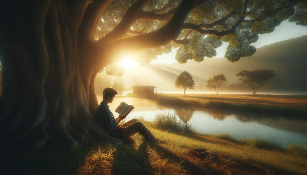 Pessoa lendo a Bíblia sob uma árvore em um ambiente natural tranquilo, simbolizando paz, reflexão e conexão espiritual.