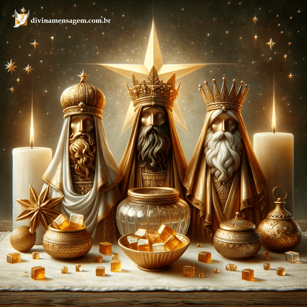 Presentes de ouro, incenso e mirra dos três Reis Magos com a estrela de Belém ao fundo.