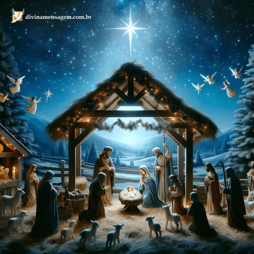 Cena do nascimento de Jesus com Maria, José e anjos em um estábulo sob o céu noturno estrelado.