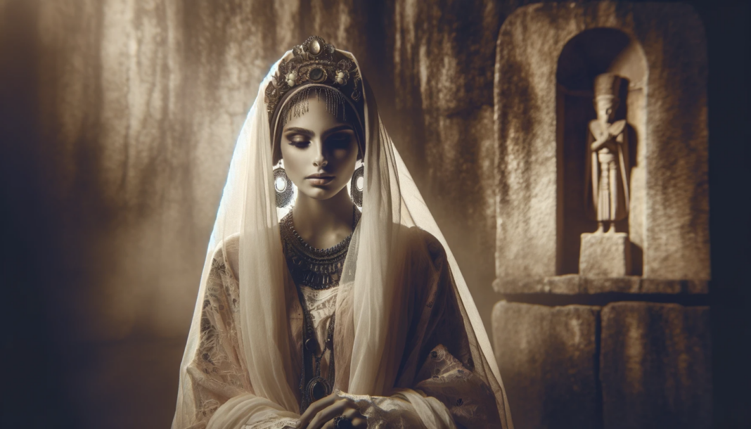 Imagem de uma mulher representando Lilith na Bíblia com vestimentas tradicionais bíblicas, expressando confiança e serenidade, em um cenário que remete ao Oriente Médio antigo.